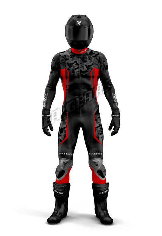 Black Gray Camouflage Red Motorcycle Racing Suit Full Leather EA GEARS