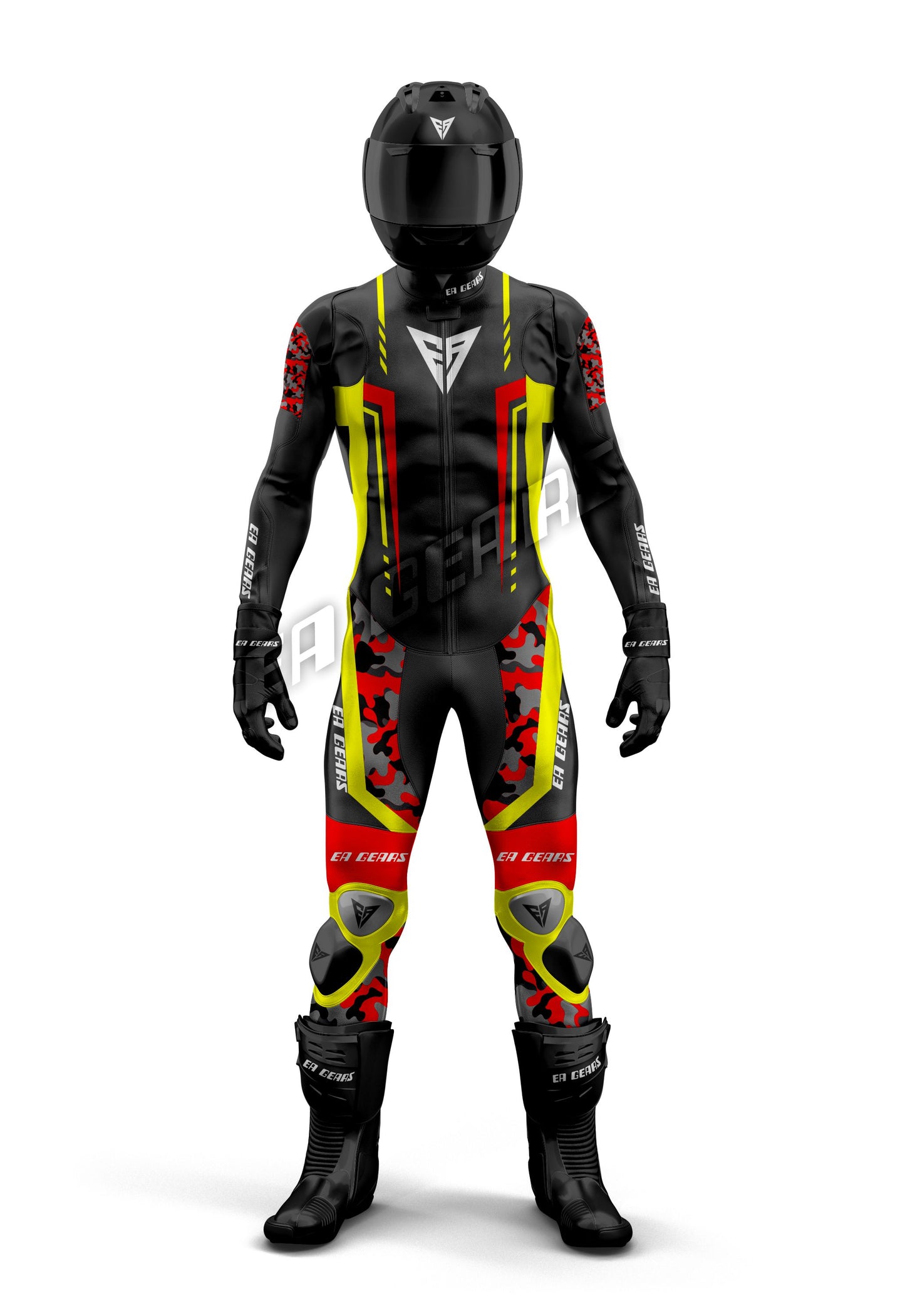 One-piece motorcycle racing leather suit in black with neon yellow and red camouflage accents and full CE-approved armor.