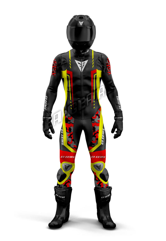 One-piece motorcycle racing leather suit in black with neon yellow and red camouflage accents and full CE-approved armor.