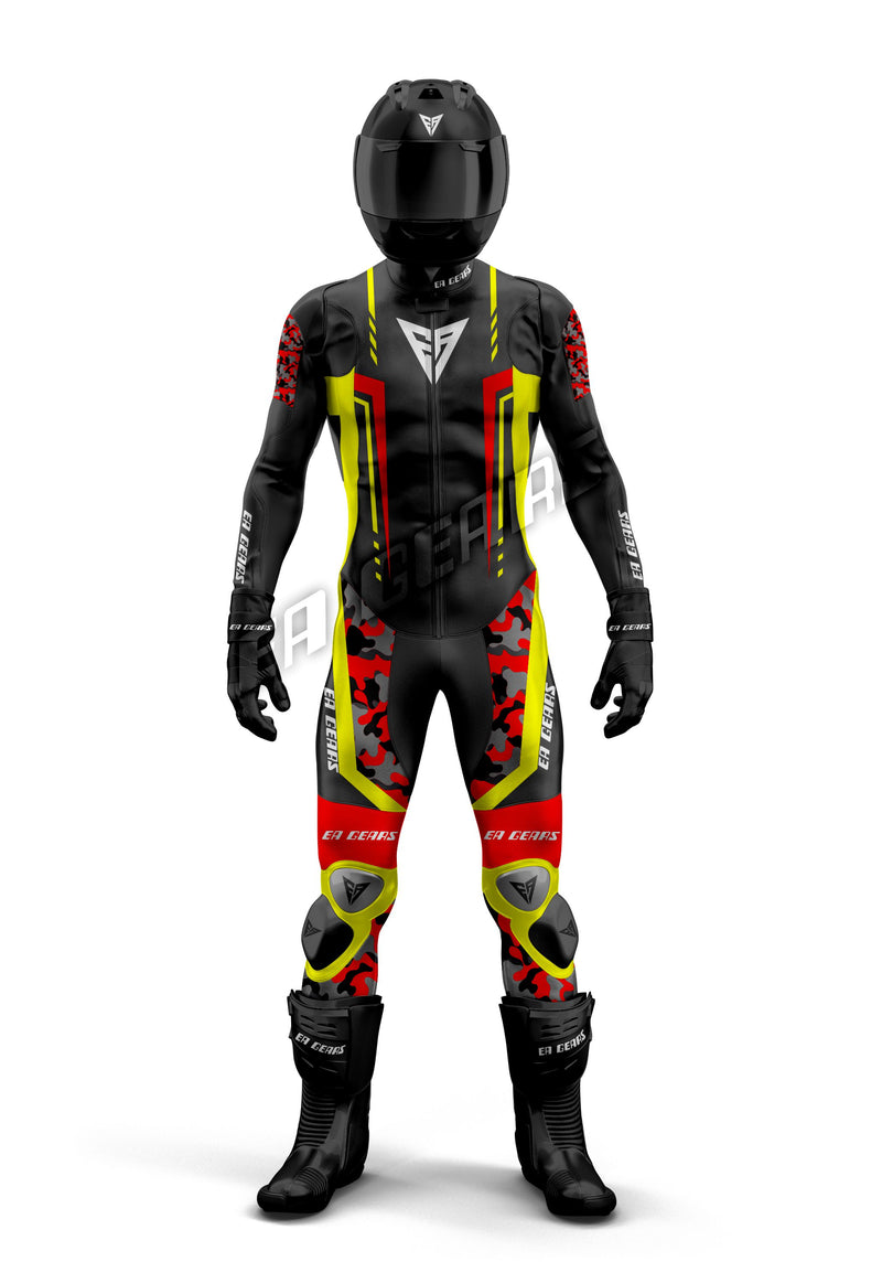 One-piece motorcycle racing leather suit in black with neon yellow and red camouflage accents and full CE-approved armor.
