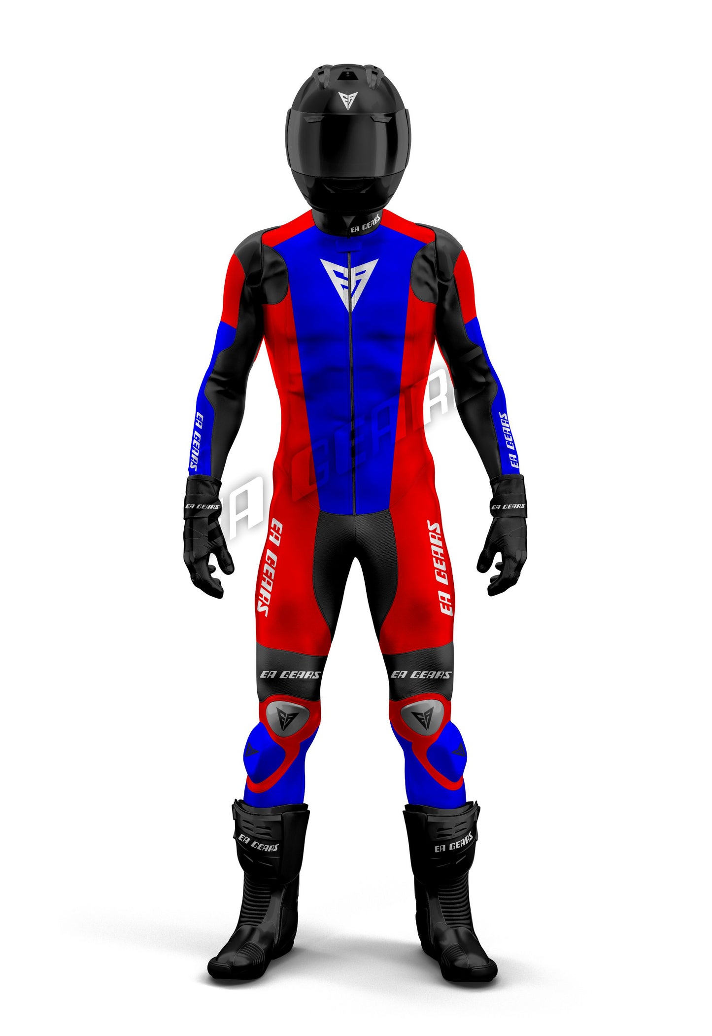 Professional red, royal blue, and black leather motorcycle racing suit with a central blue panel, designed for high-performance track riding and featuring CE armor