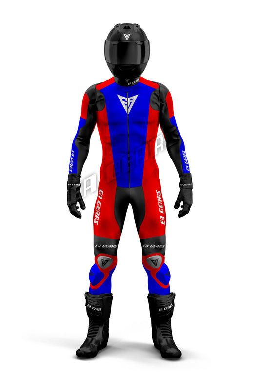 Professional red, royal blue, and black leather motorcycle racing suit with a central blue panel, designed for high-performance track riding and featuring CE armor