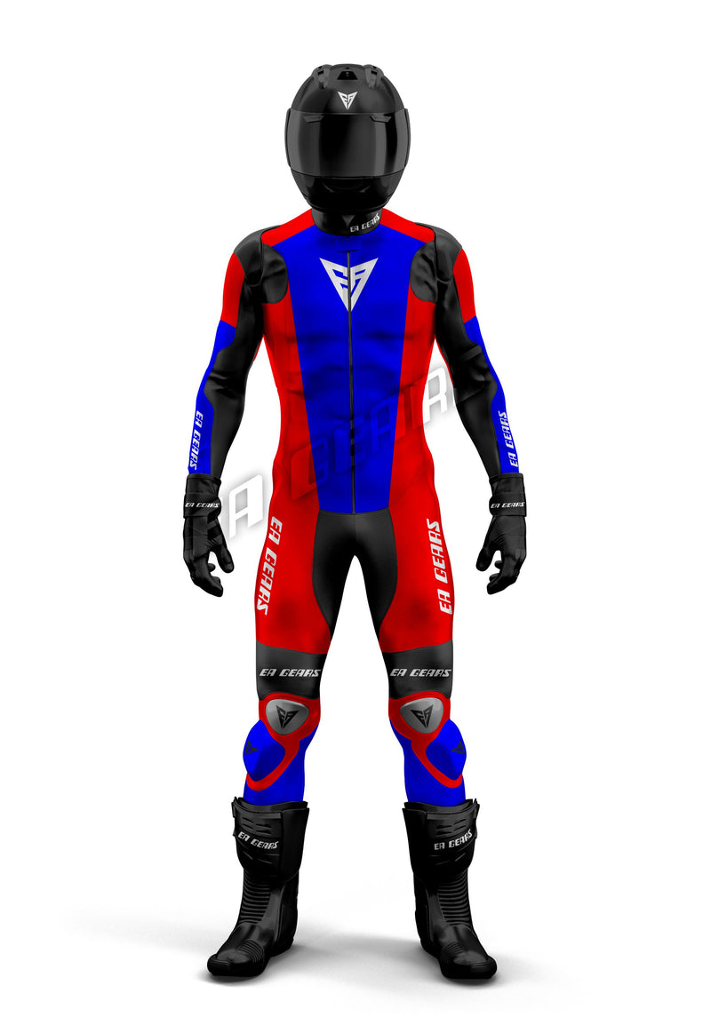 Professional red, royal blue, and black leather motorcycle racing suit with a central blue panel, designed for high-performance track riding and featuring CE armor