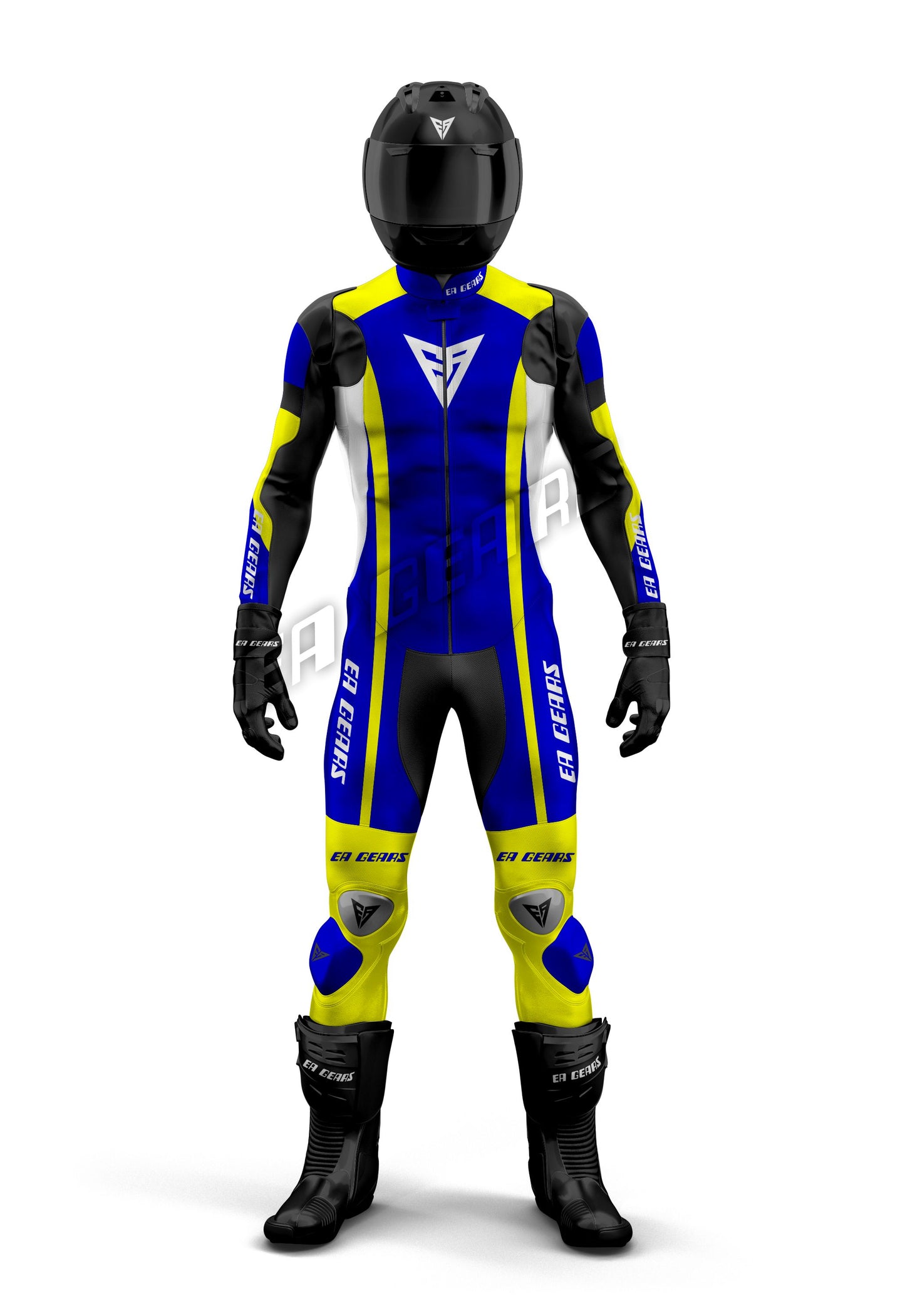 Full-body view of EA Gears Pro Motorcycle Racing Leather Suit in dynamic blue and neon yellow, with a black helmet, gloves, and boots.