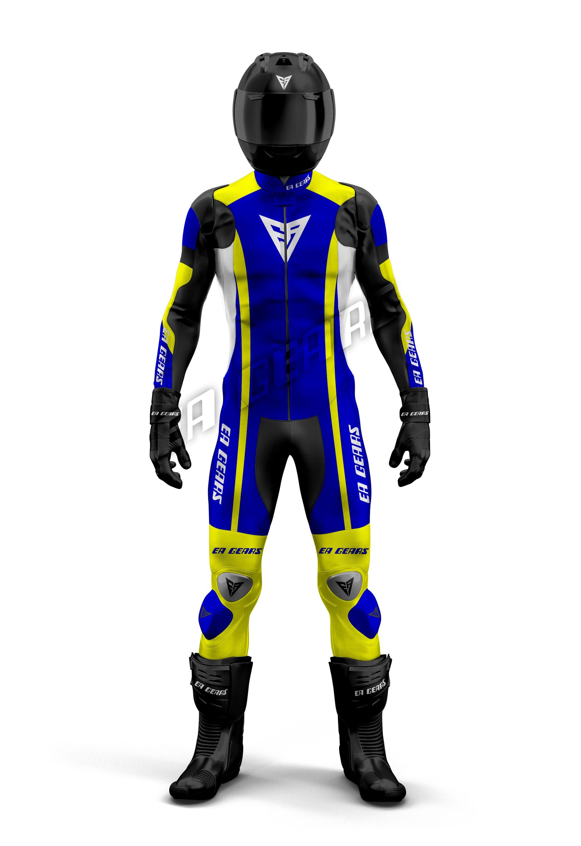 Full-body view of EA Gears Pro Motorcycle Racing Leather Suit in dynamic blue and neon yellow, with a black helmet, gloves, and boots.