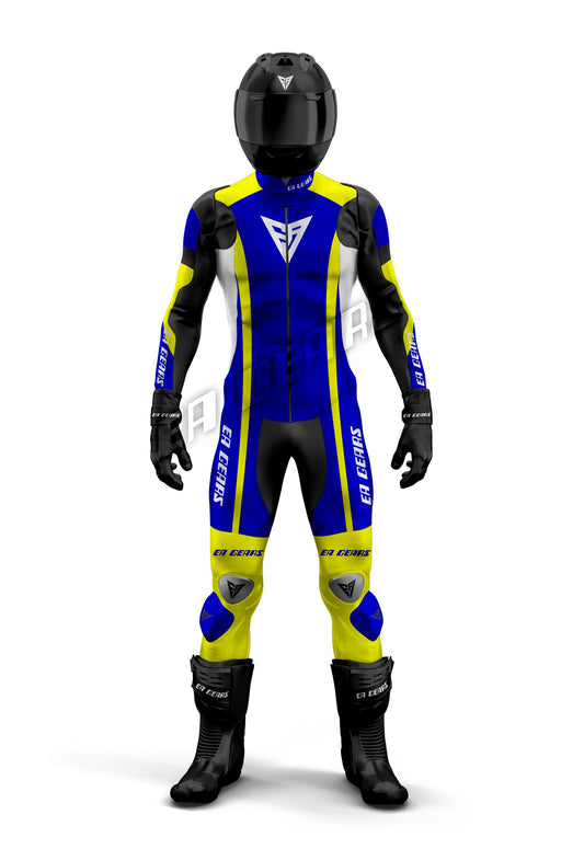 Full-body view of EA Gears Pro Motorcycle Racing Leather Suit in dynamic blue and neon yellow, with a black helmet, gloves, and boots.