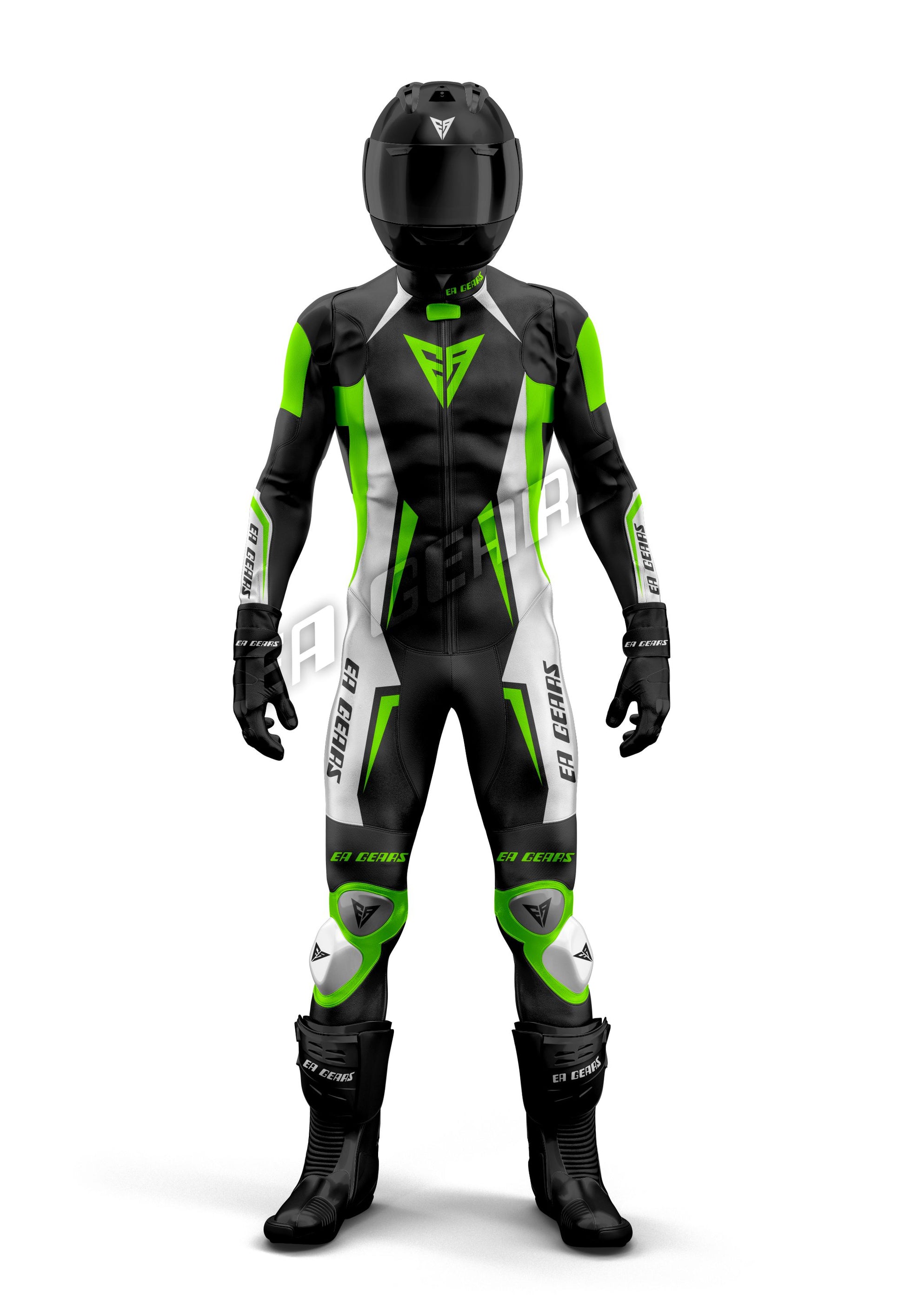 Custom Motorcycle black, white, and neon green leather motorcycle racing suit with pro-grade armor and aerodynamic design for track safety