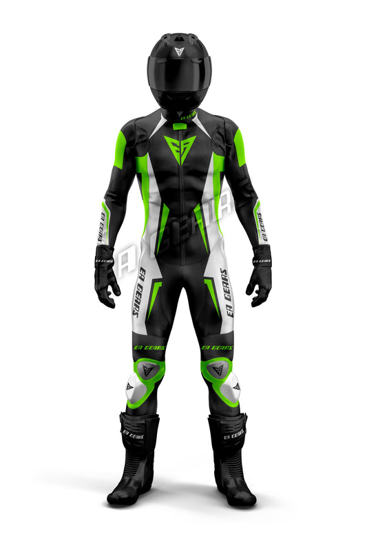 Custom Motorcycle black, white, and neon green leather motorcycle racing suit with pro-grade armor and aerodynamic design for track safety