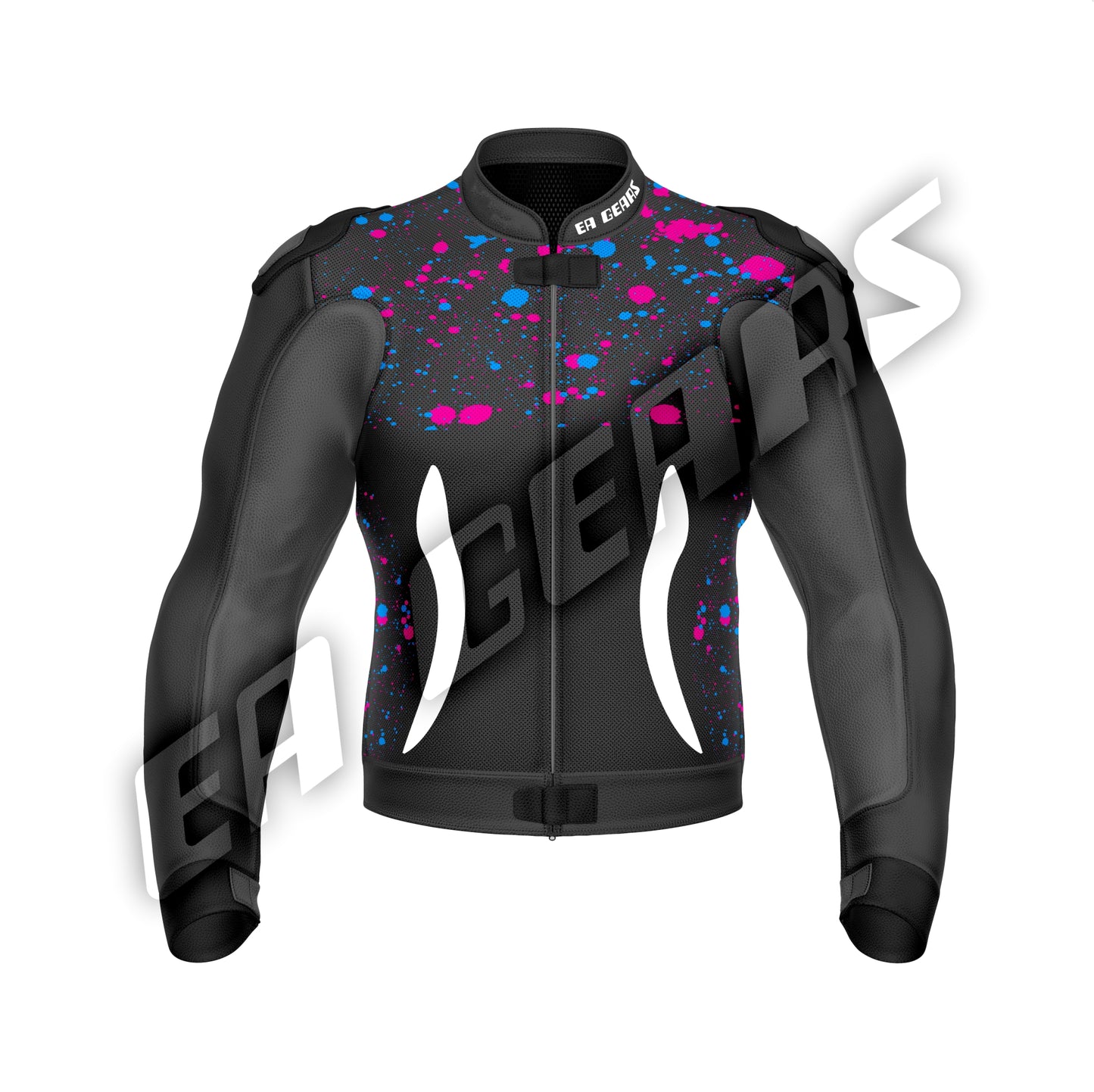 Black biker jacket with pink and blue splatter design for street riding