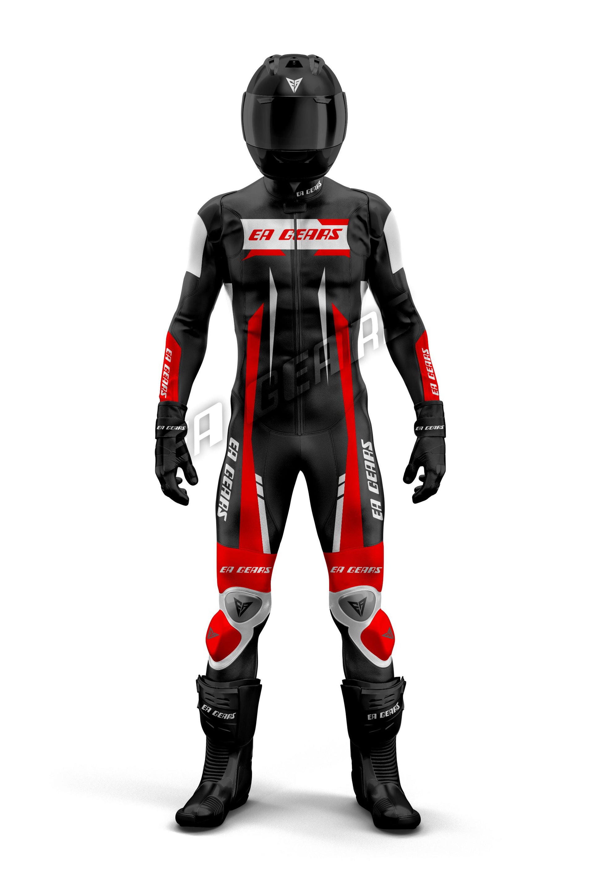 EA Gears black red motorcycle racing leather suit front view