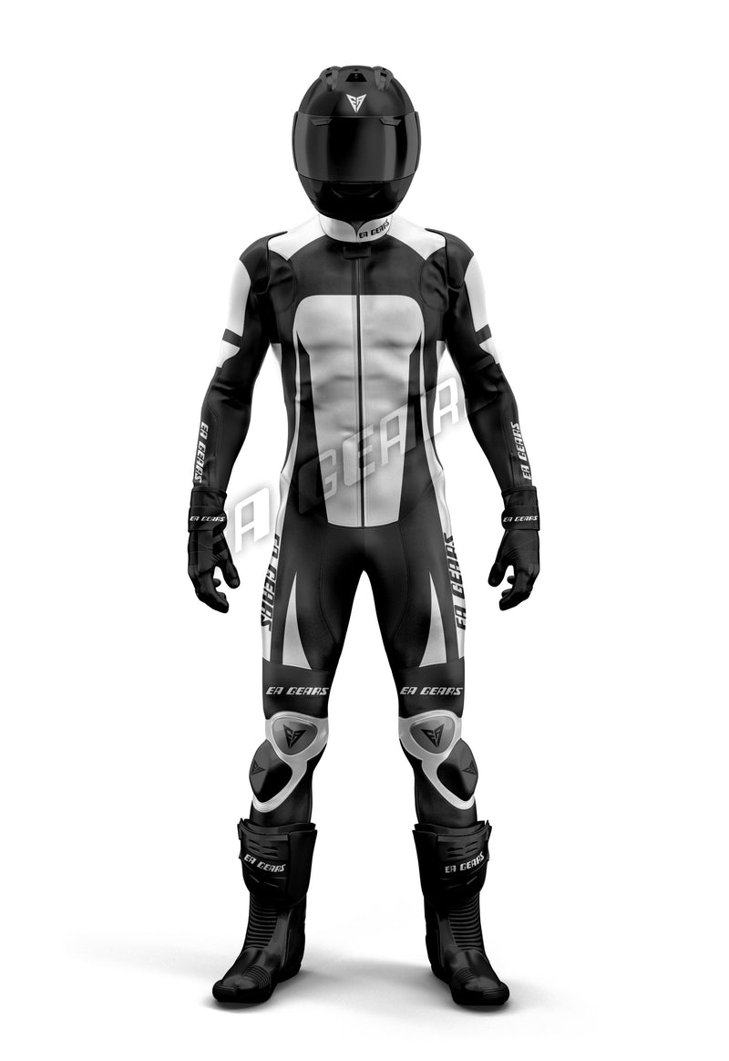 EA Gears Black & White Motorcycle Racing Leather Suit for Men & Women | CE Certified One-Piece & Two-piece Motorbike Track Suit