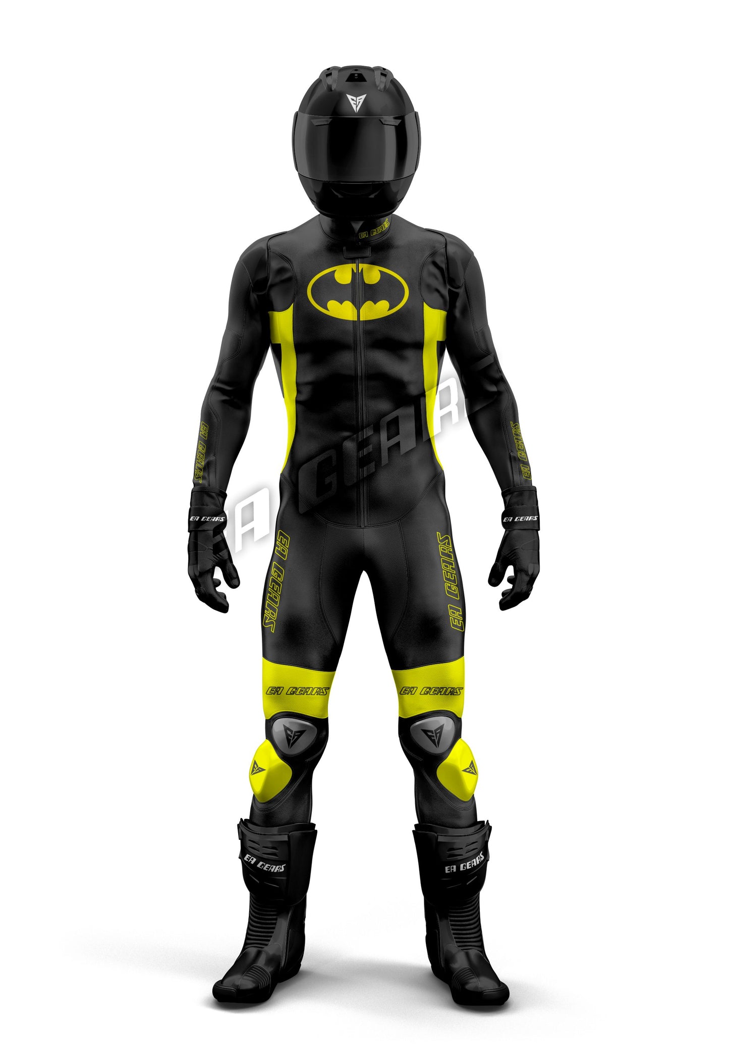 Black yellow hero-inspired motorcycle racing leather suit front view