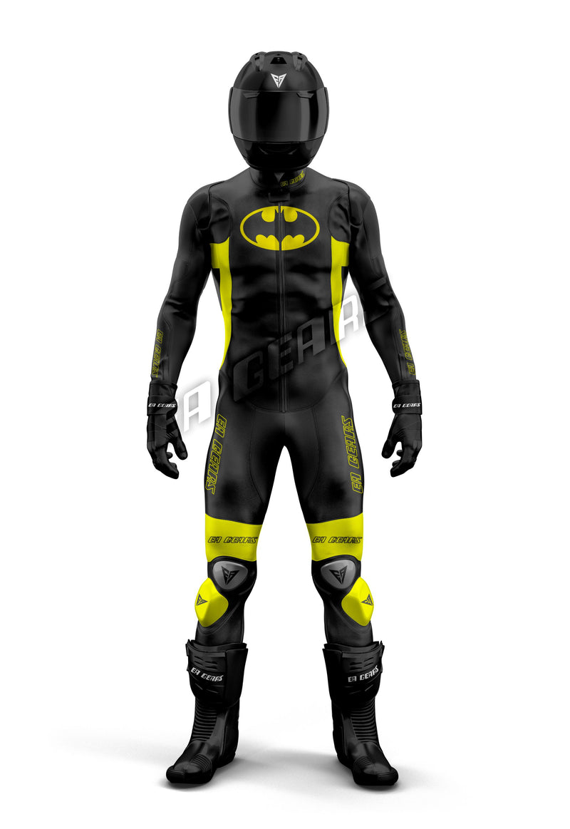 Black yellow hero-inspired motorcycle racing leather suit front view