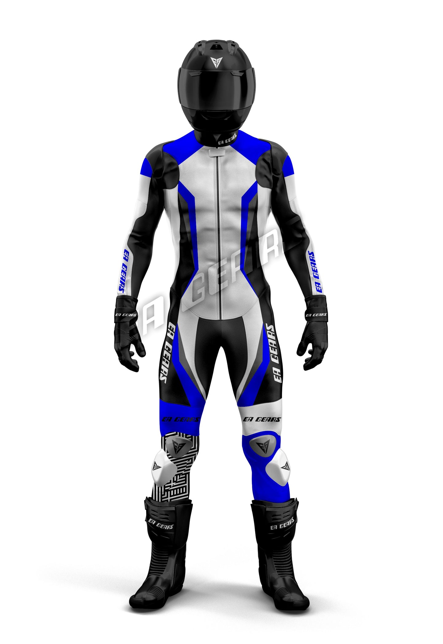 Blue and white EA Gears motorcycle racing suit with tech-pattern knee design and protective padding