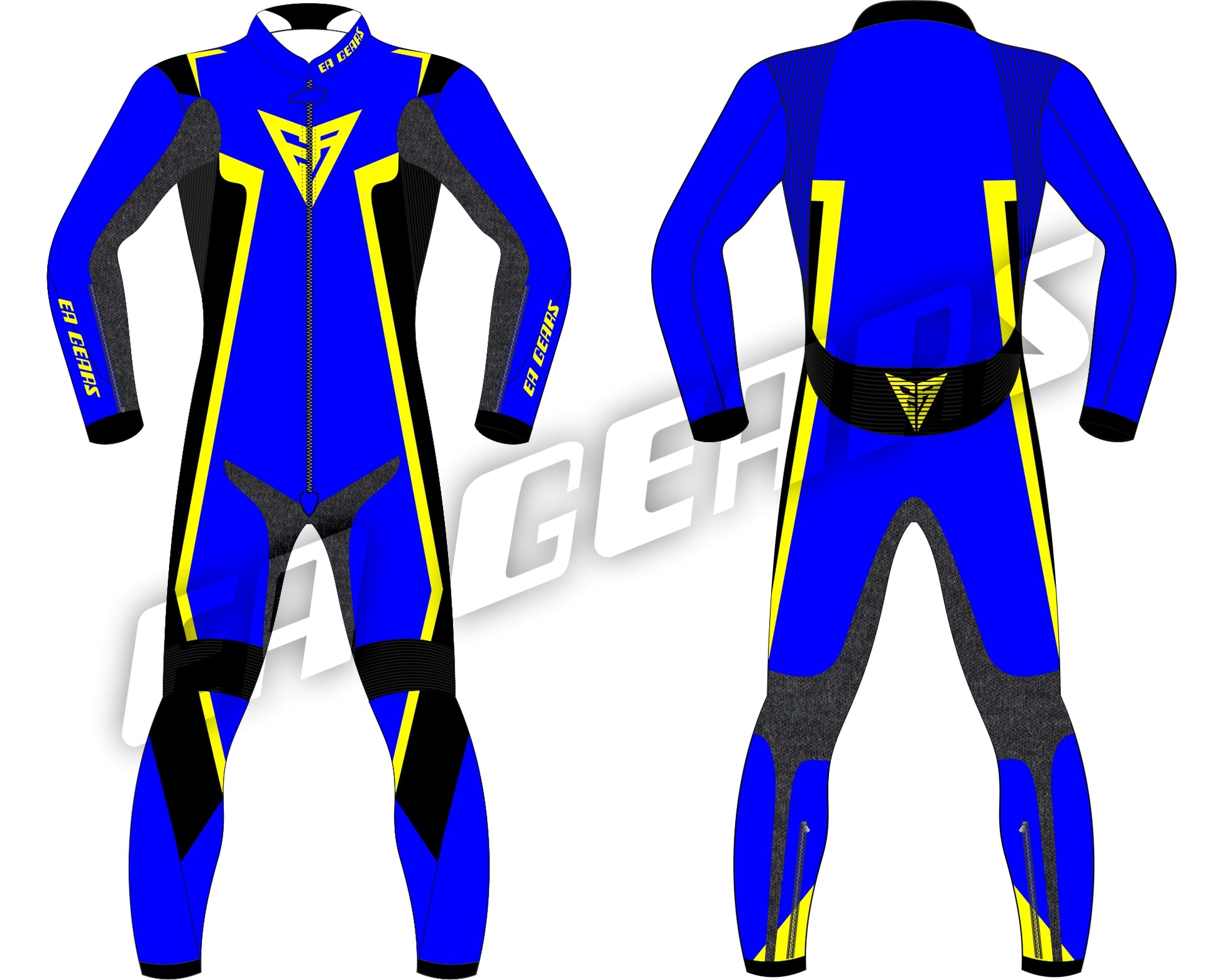 Blue and yellow professional karting leather racing suit front view by EA Gears