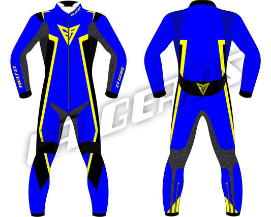 Blue and yellow professional karting leather racing suit front view by EA Gears