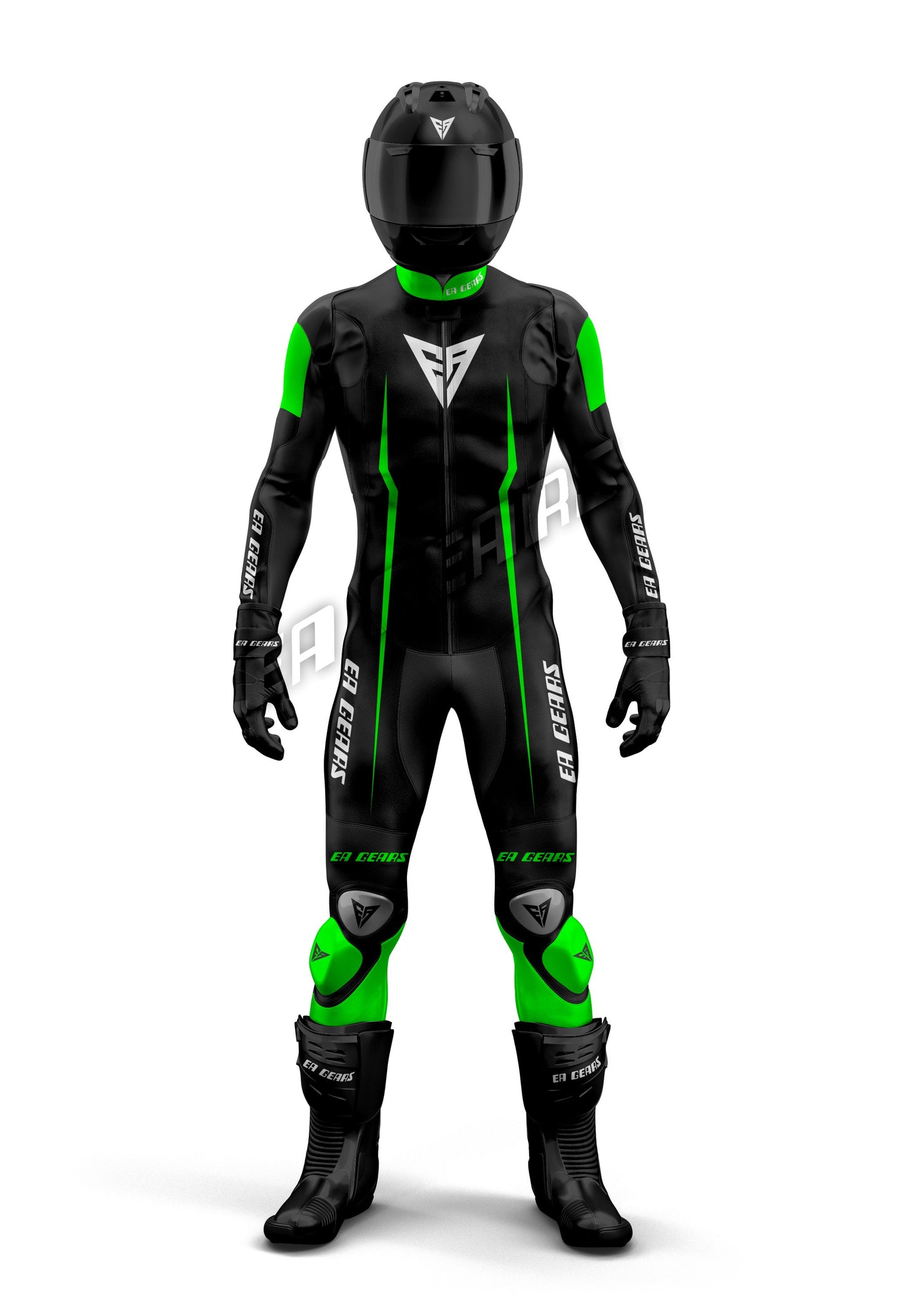 Full-body view of EA Gears Pro Motorcycle Racing Leather Suit in stealth black with neon green accents, complete with a black helmet, gloves, and boots.