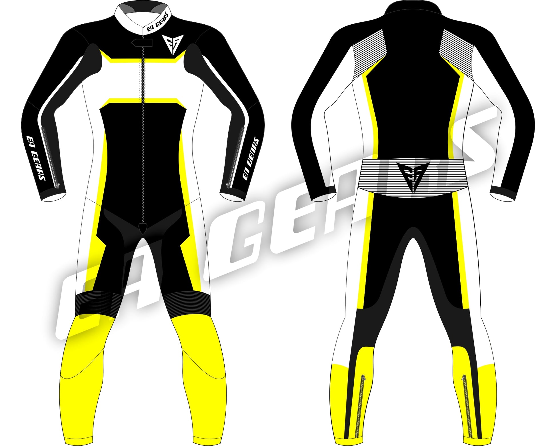 EA Gears black white yellow professional karting leather suit front and back view