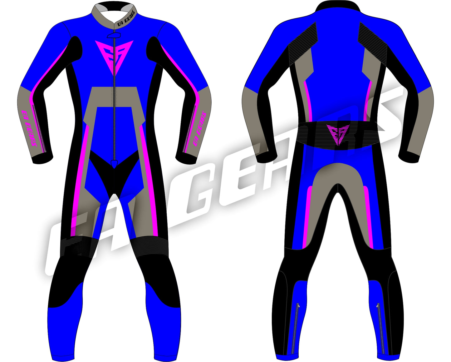 EA Gears blue black karting leather suit with neon pink accents front and back view