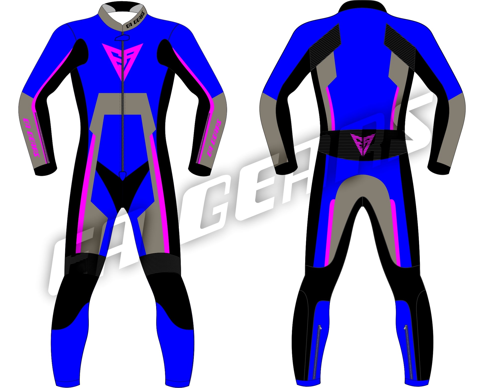 EA Gears blue black karting leather suit with neon pink accents front and back view