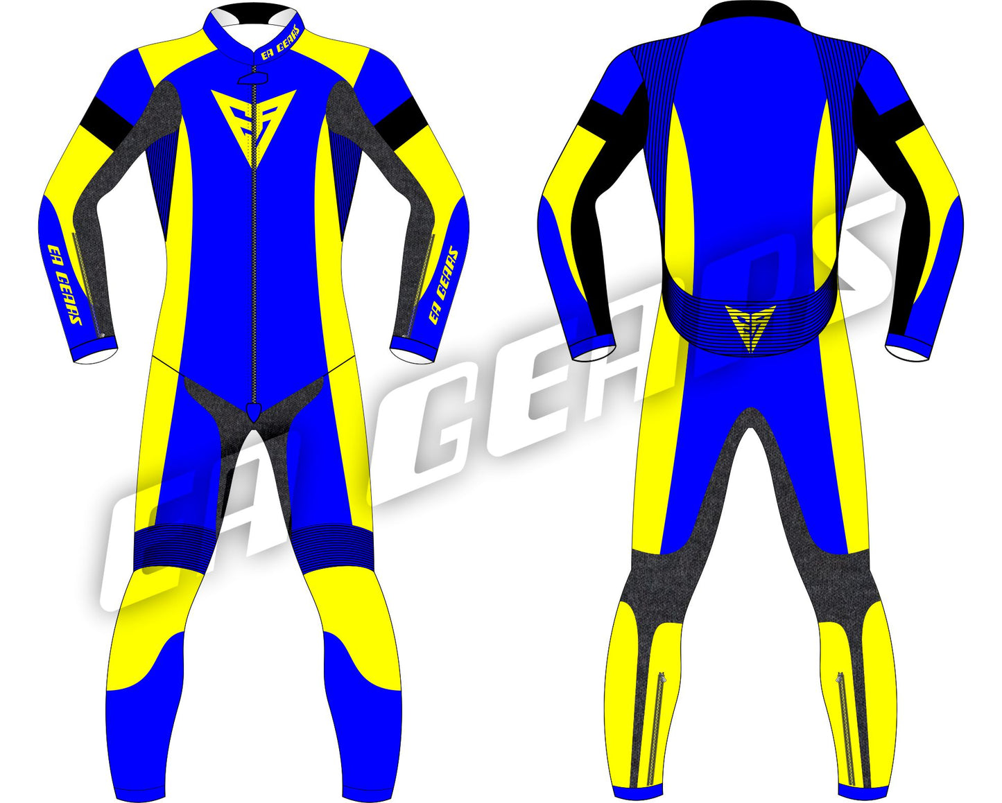 EA Gears blue and yellow professional karting leather suit front and back view