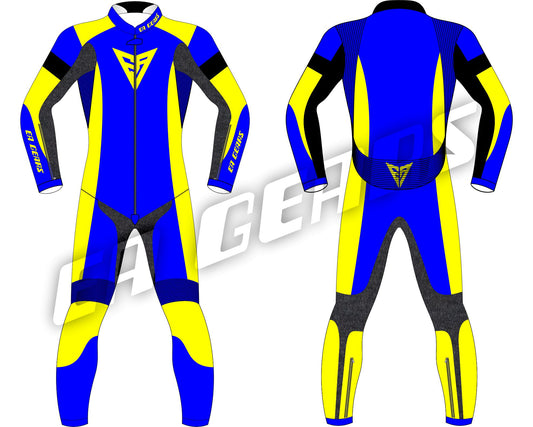 EA Gears blue and yellow professional karting leather suit front and back view