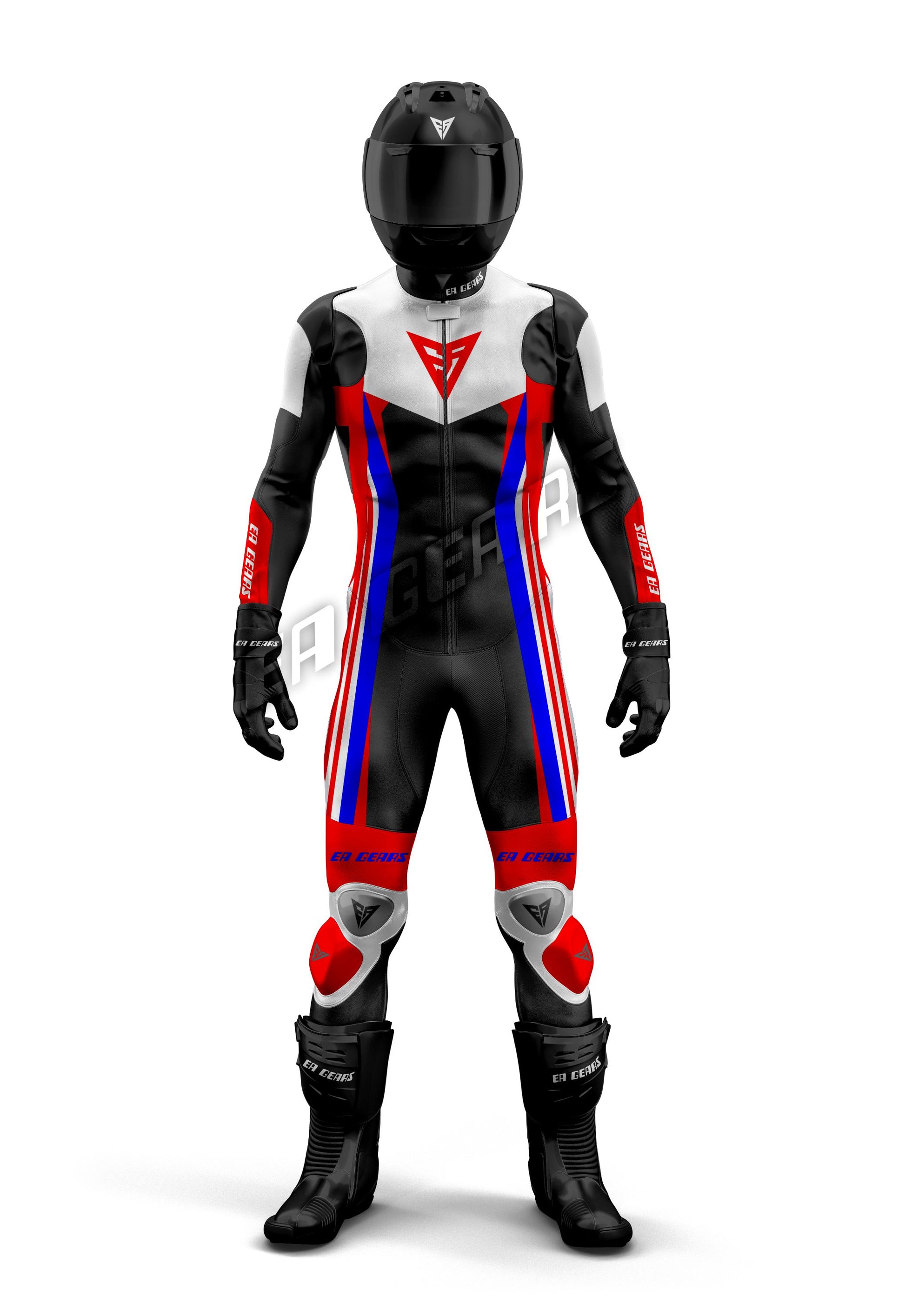 EA Gears white red blue motorcycle leather racing suit front view