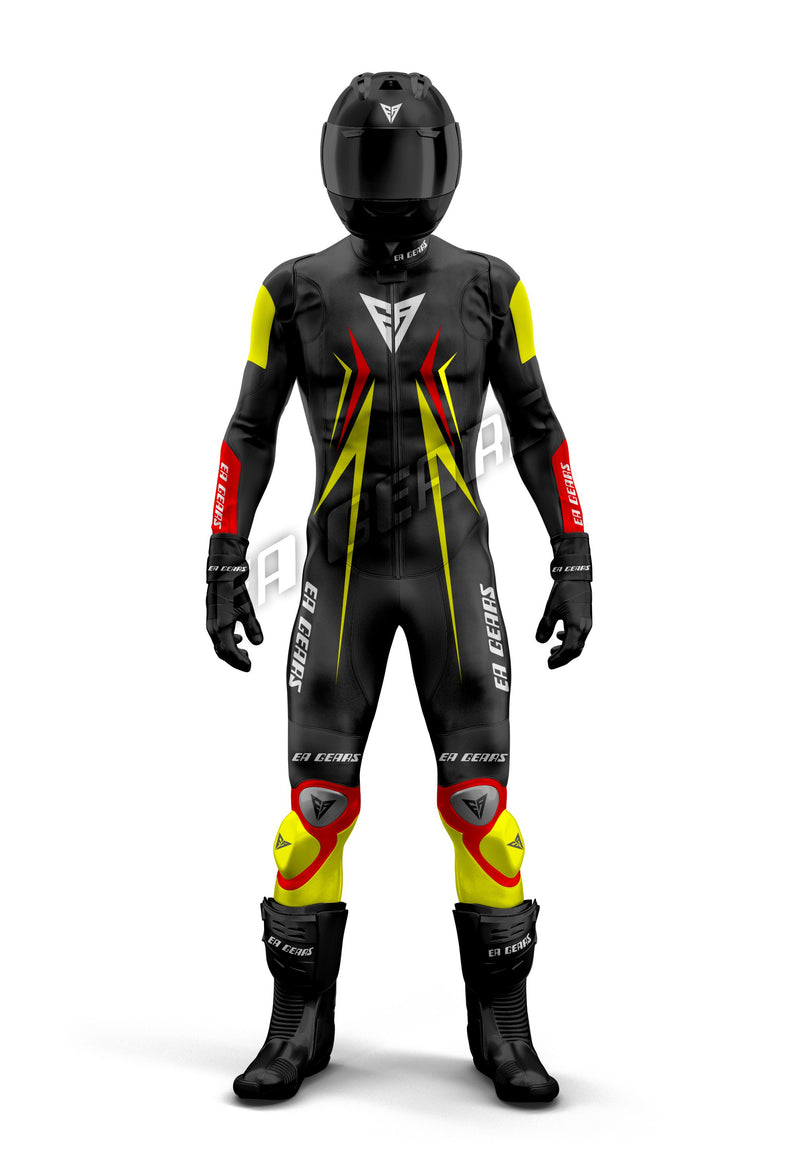 EA Gears black red yellow motorcycle leather racing suit front view