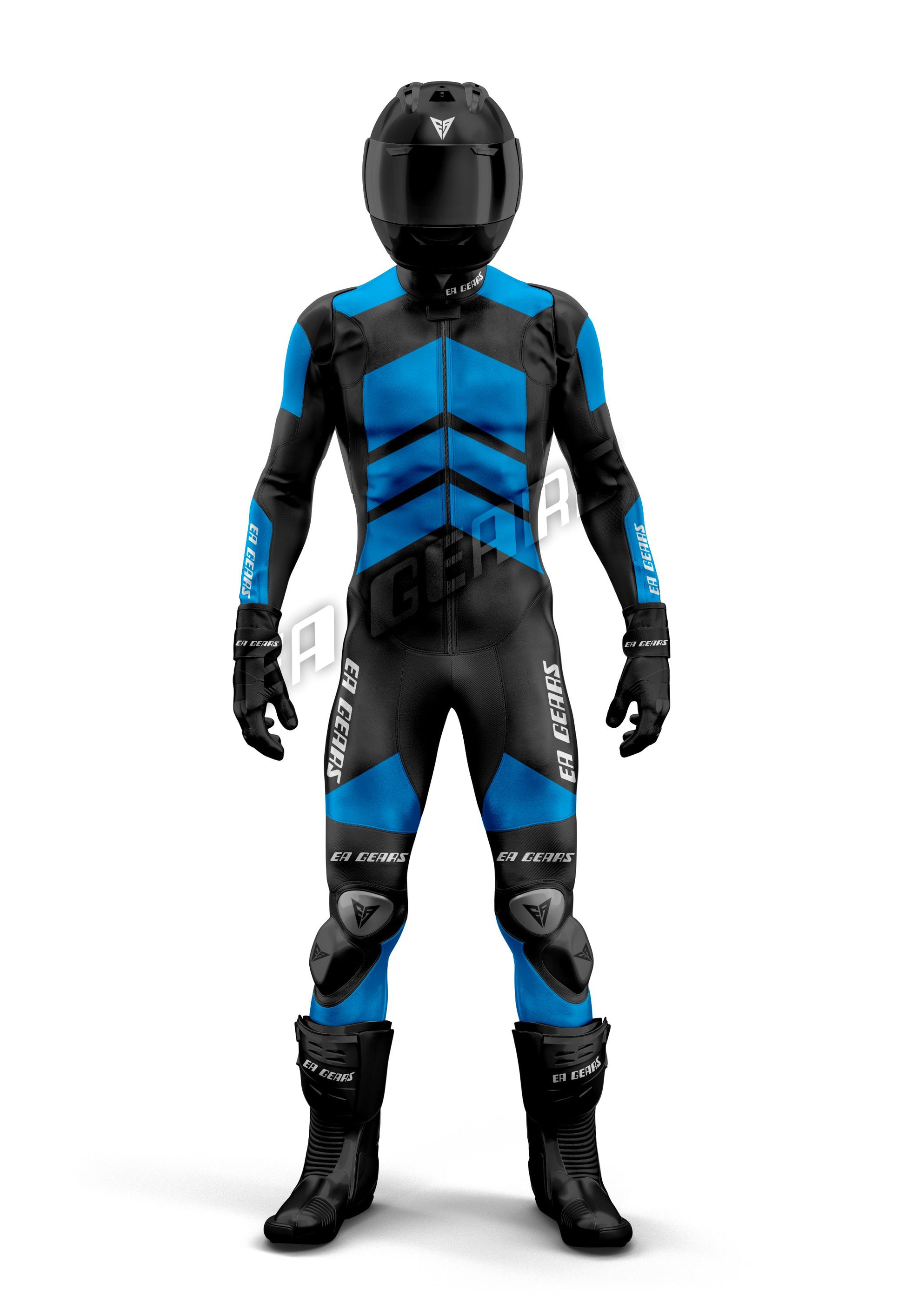 EA Gears blue black motorcycle racing leather suit front view