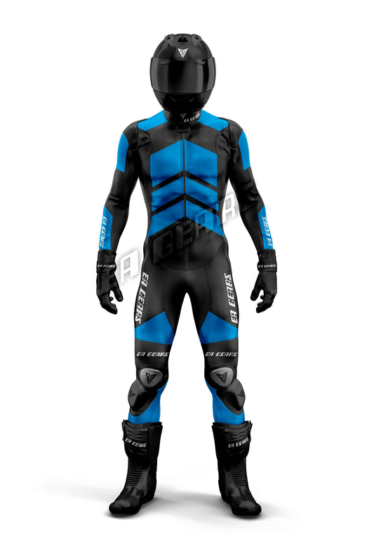 EA Gears blue black motorcycle racing leather suit front view