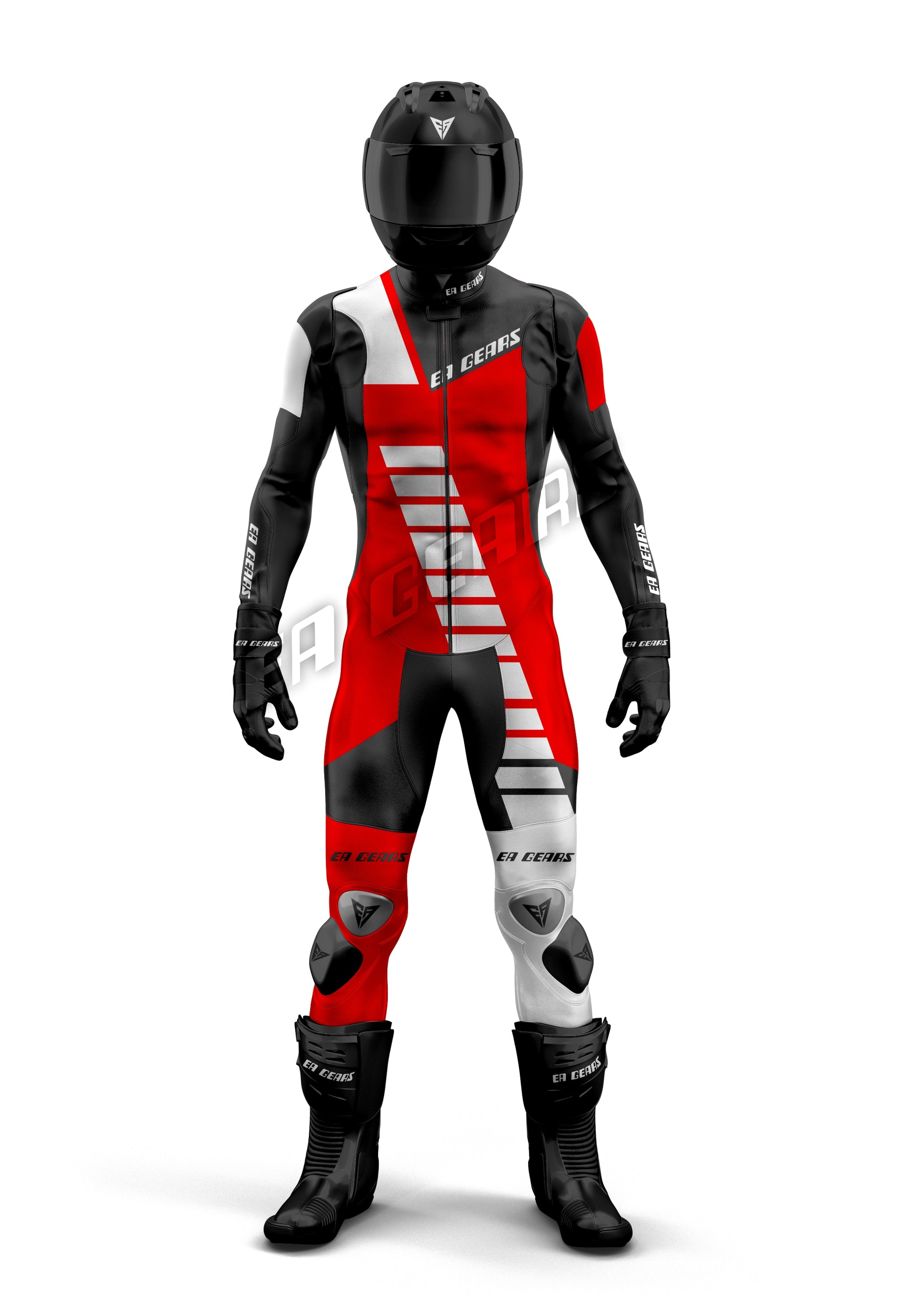 Red black and white one-piece & two-piece motorcycle leather racing suit by EA Gears