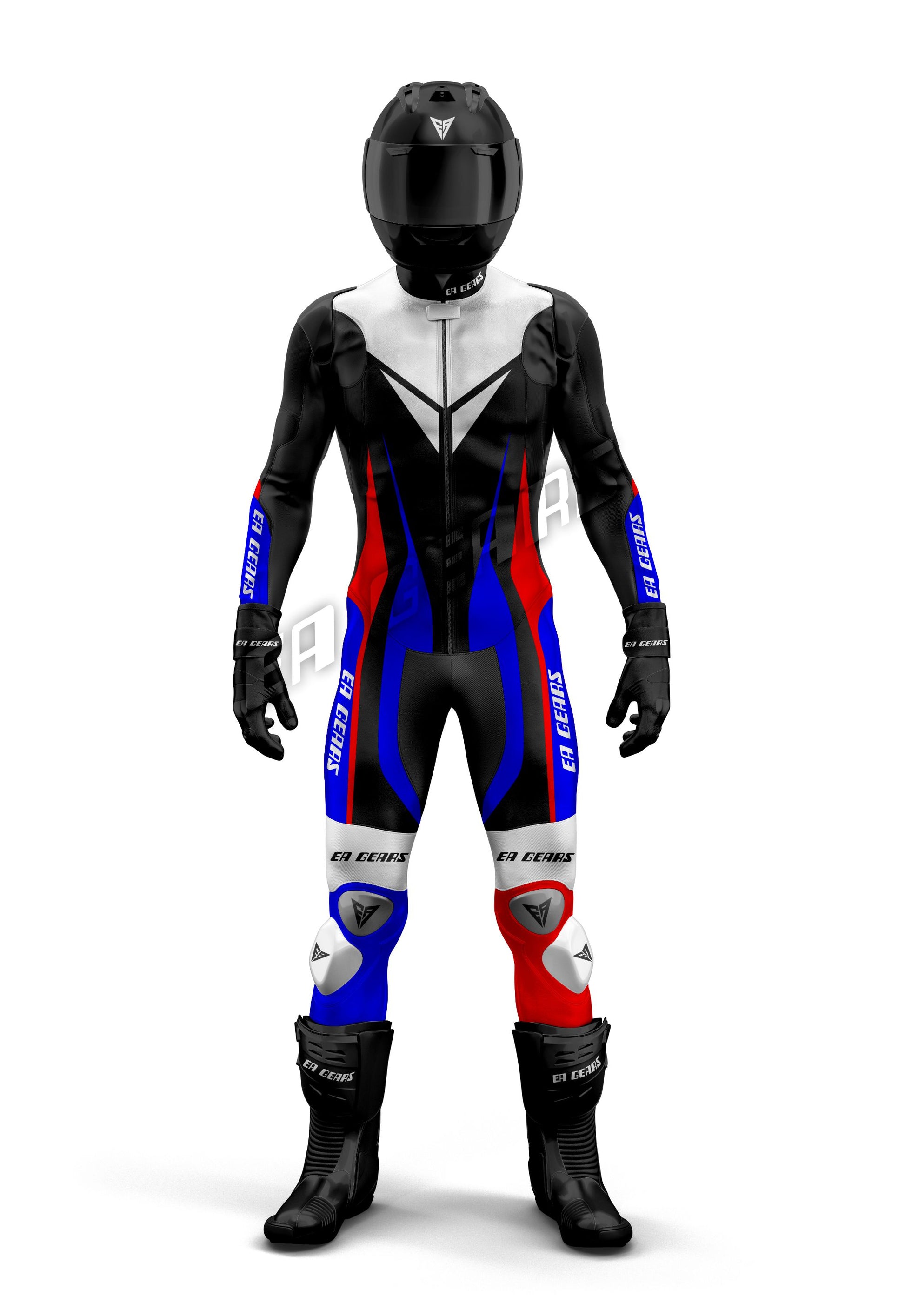 "Black, blue, and red EA Gears motorcycle racing suit with protective padding and aerodynamic design"