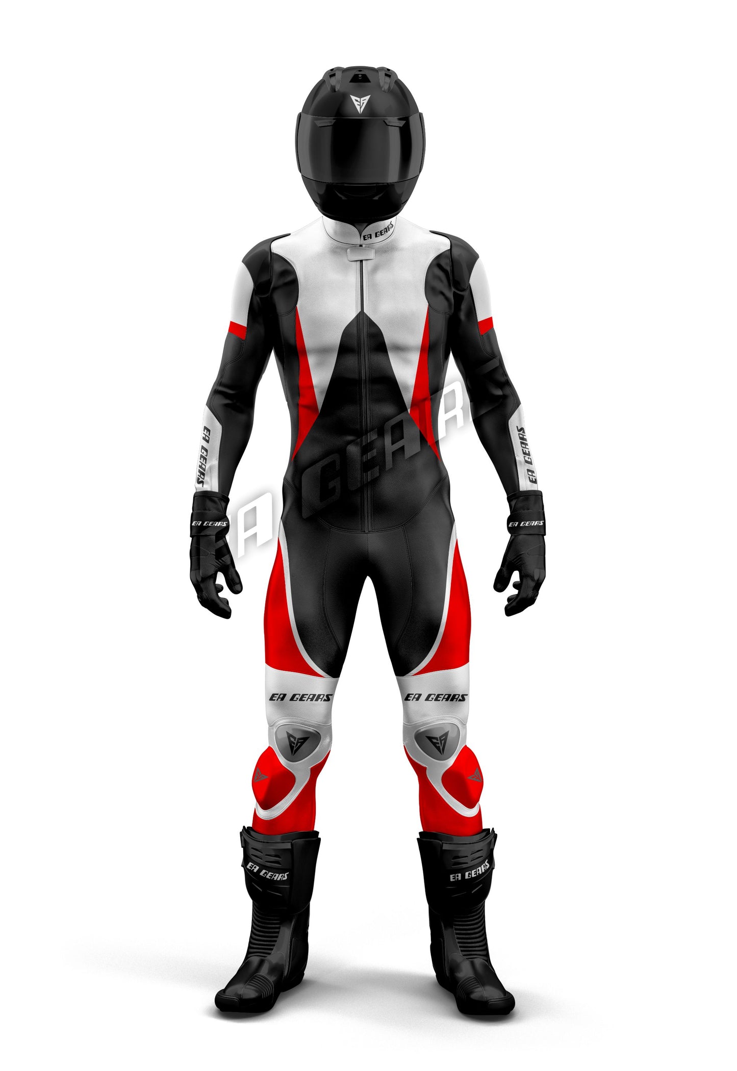 EA Gears white black red motorcycle racing leather suit front view