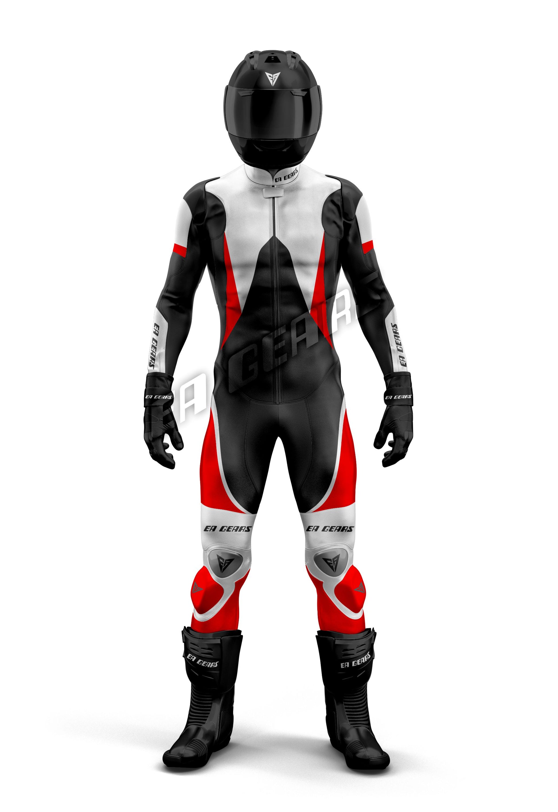 EA Gears white black red motorcycle racing leather suit front view
