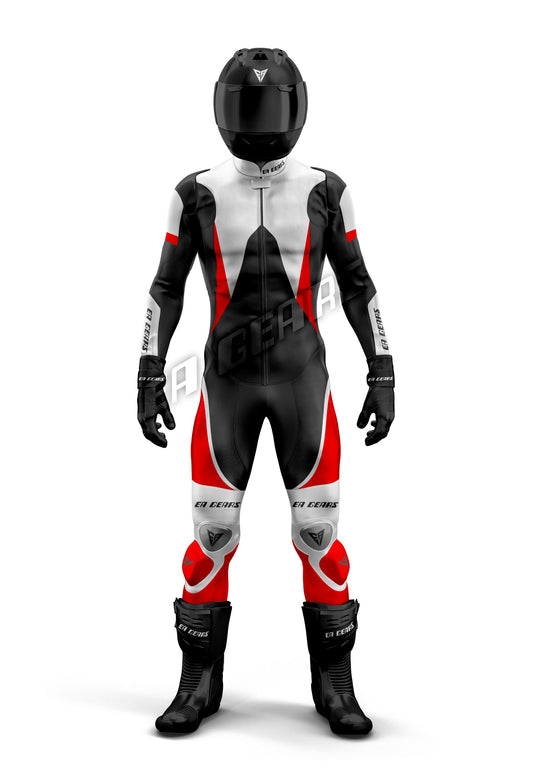 EA Gears white black red motorcycle racing leather suit front view