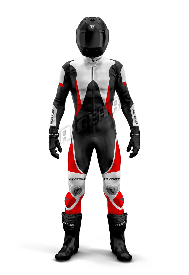 EA Gears white black red motorcycle racing leather suit front view