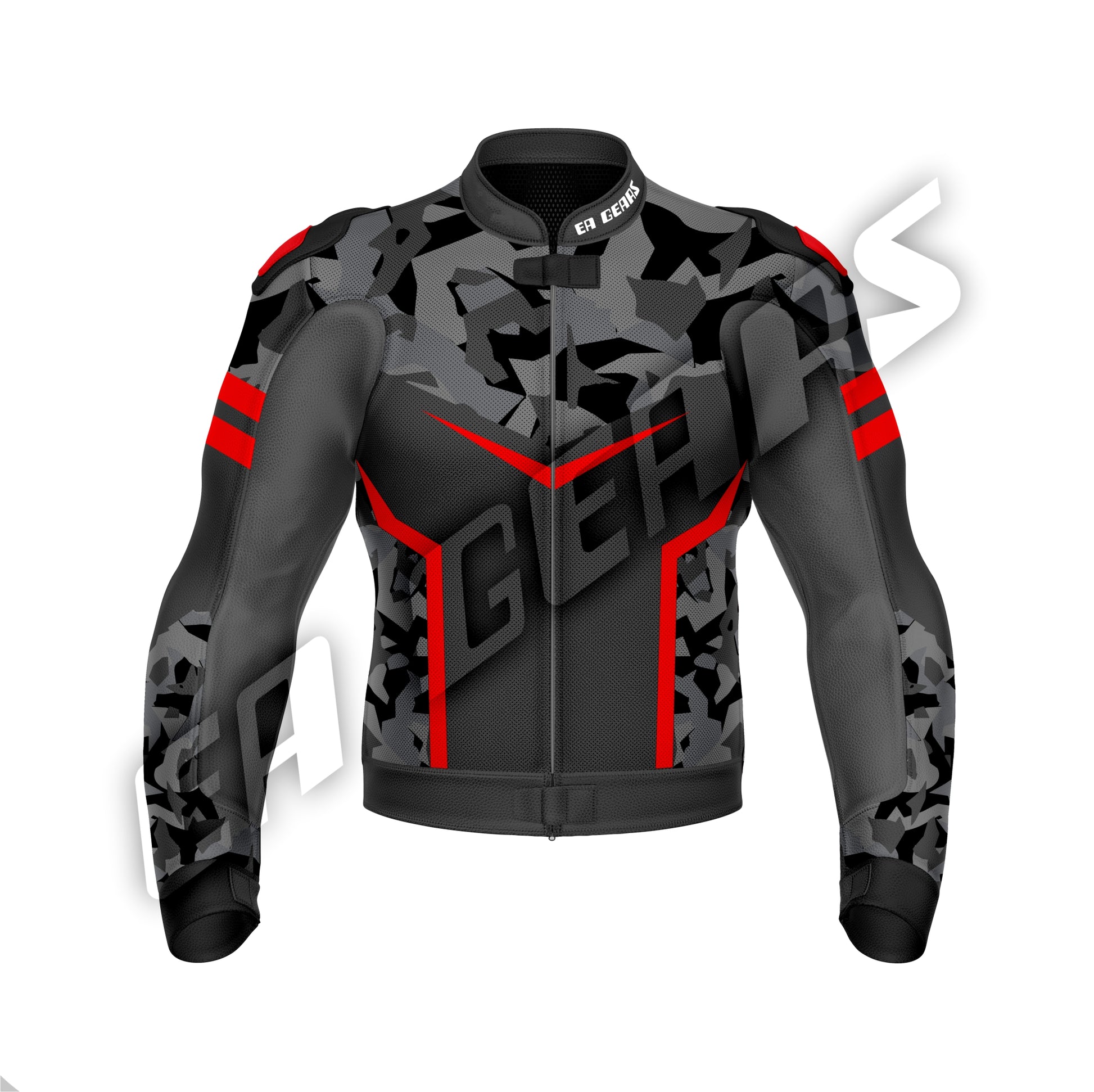 Men’s armored motorcycle riding jacket in grey and red with protective padding and sporty biker design
