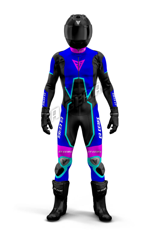 EA Gears electric blue pink leather race suit
