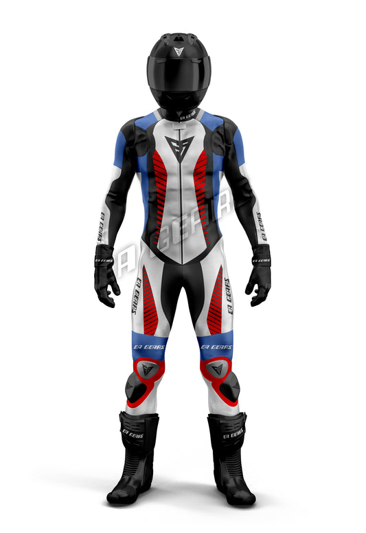 motorcycle leather racing suit white blue red track performance