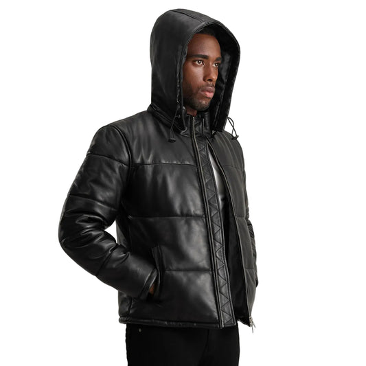 Gordon Black Hooded Leather Puffer Jacket