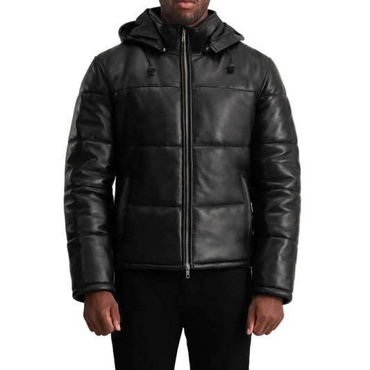 Gordon Black Hooded Leather Puffer Jacket