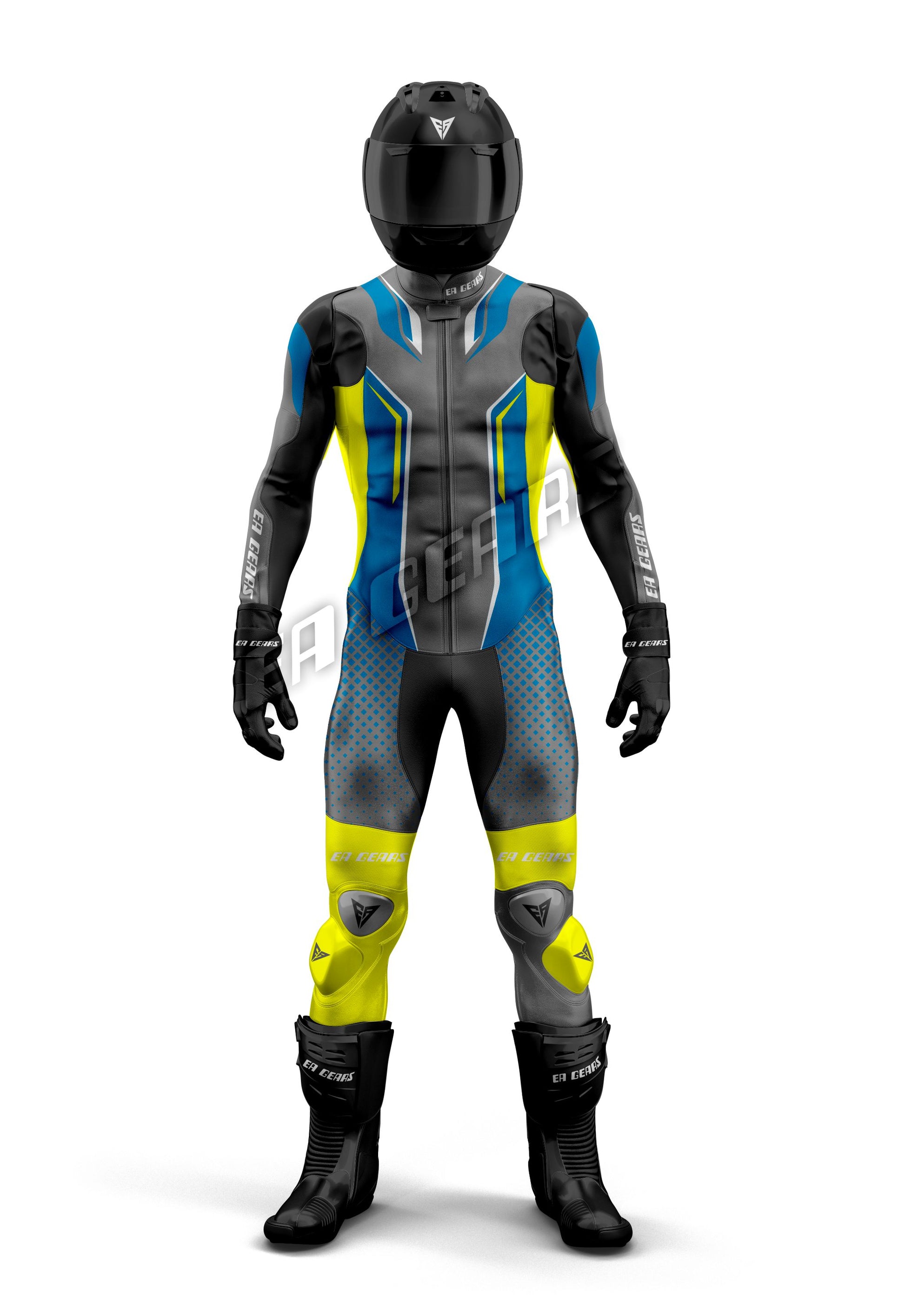 Pro motorcycle racing leather suit in high-visibility neon yellow, blue, and gray colors, featuring a helmet and black racing boots.