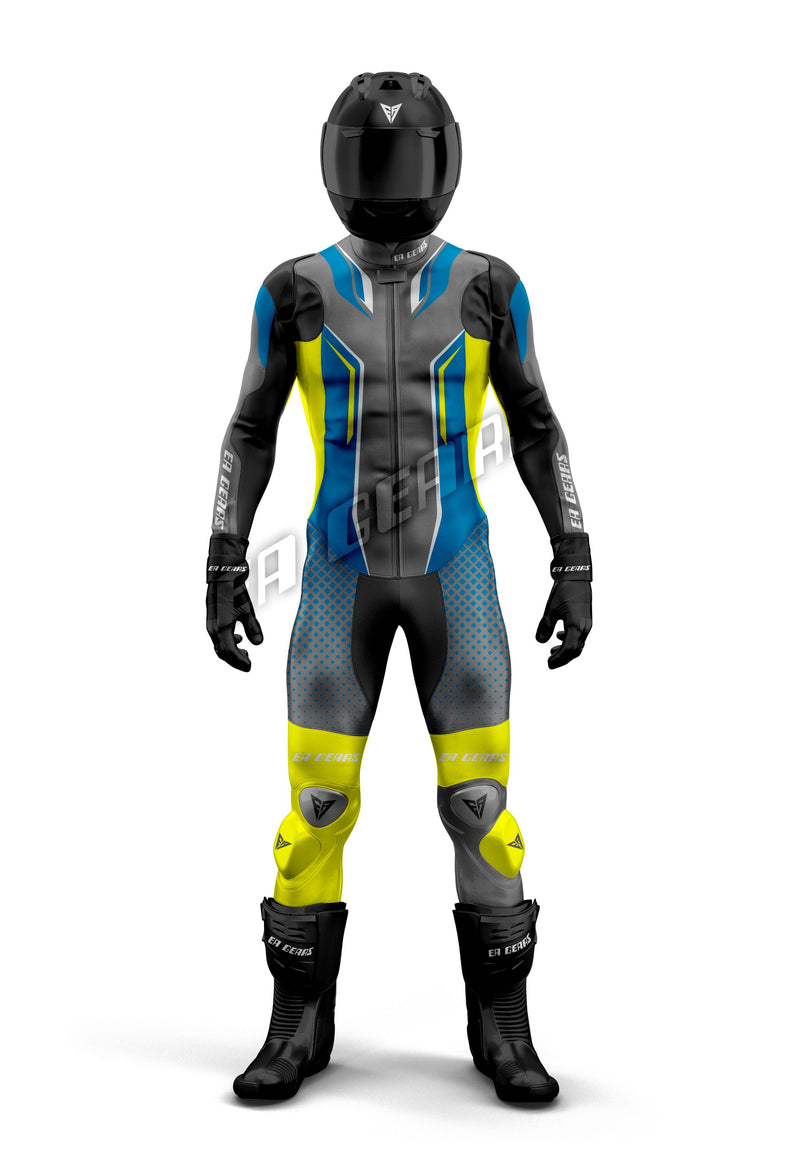 Pro motorcycle racing leather suit in high-visibility neon yellow, blue, and gray colors, featuring a helmet and black racing boots.