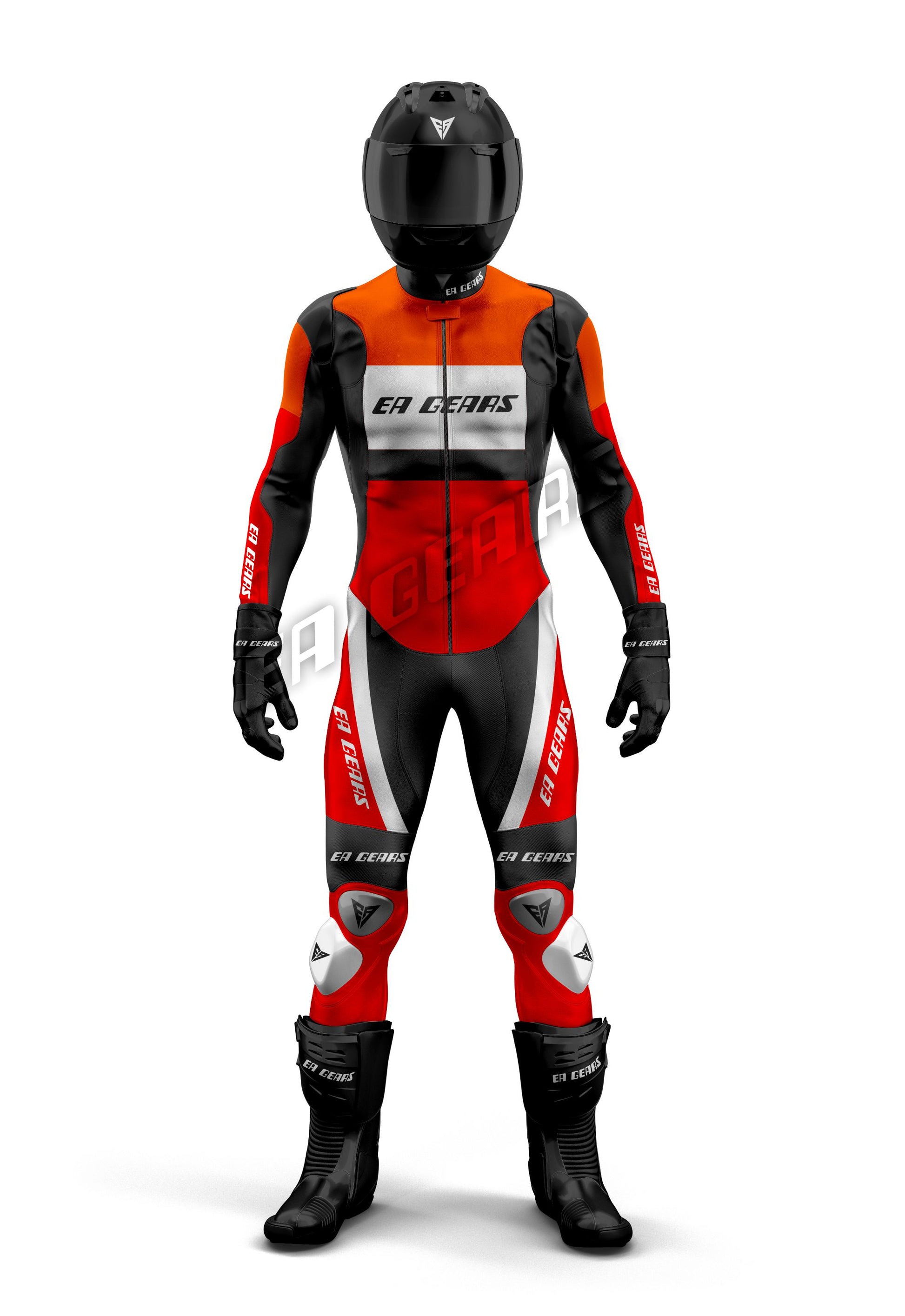 Professional black, red, and high-visibility orange leather motorcycle racing suit with white accents, featuring CE armor and aerodynamic design for track use