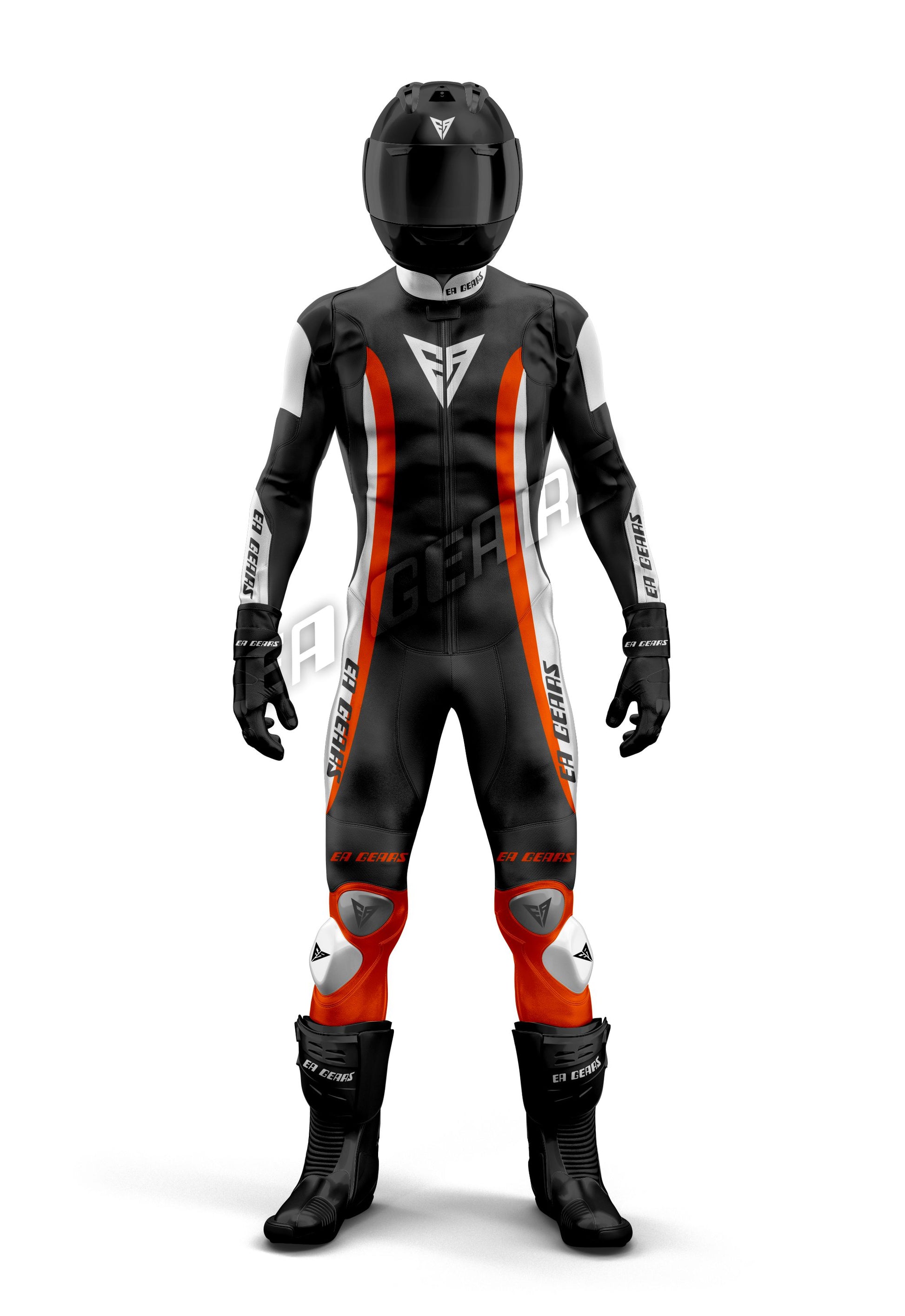 Full front image of Men's one-piece Black, Orange, and White leather motorcycle racing suit with helmet | High-Viz Track Suit