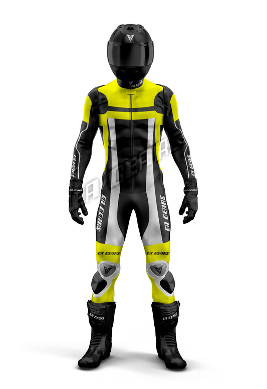 high visibility motorcycle leather racing suit yellow black white