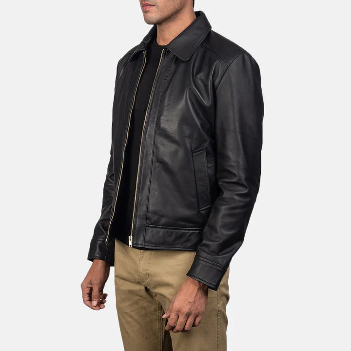 Mens-classic-black-leather-utility-jacket-with-golden-zip