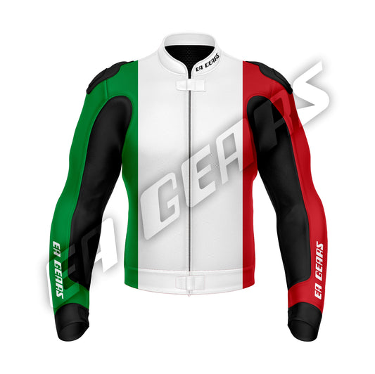 Italian flag motorcycle leather jacket front view for bikers