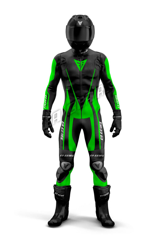 One-piece & Two-piece motorcycle racing leather suit in black with vivid neon green highlights, featuring CE-approved armor and an aerodynamic hump.