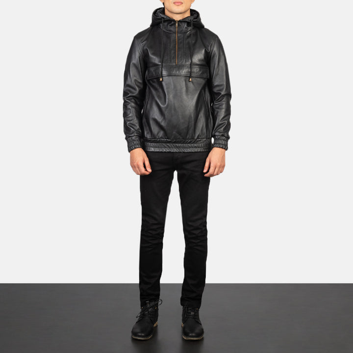 Kenton Hooded Black Leather Pullover Jacket